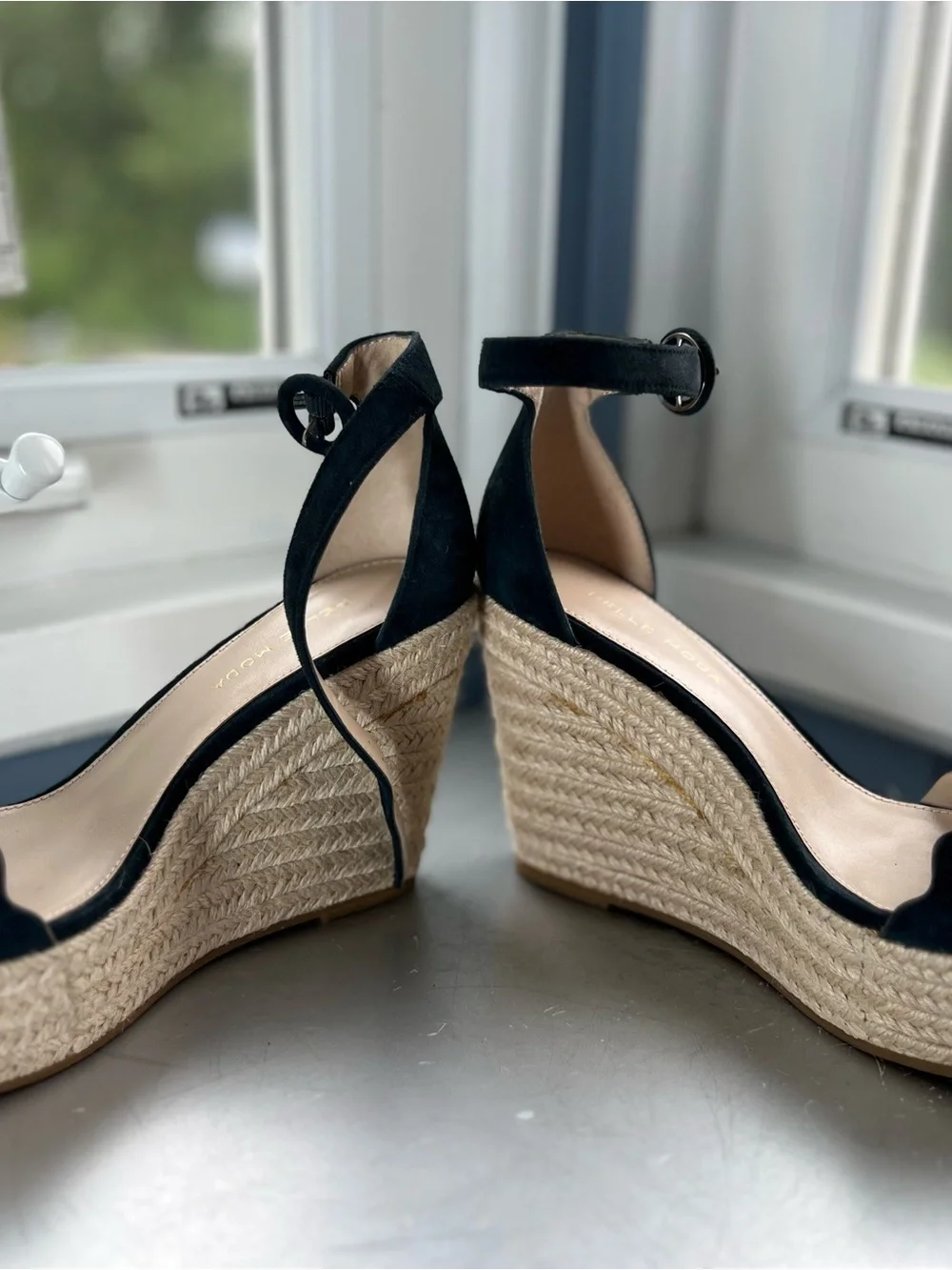 Pelle Moda Black Suede Espadrille Wedge Sandals with Ankle Strap